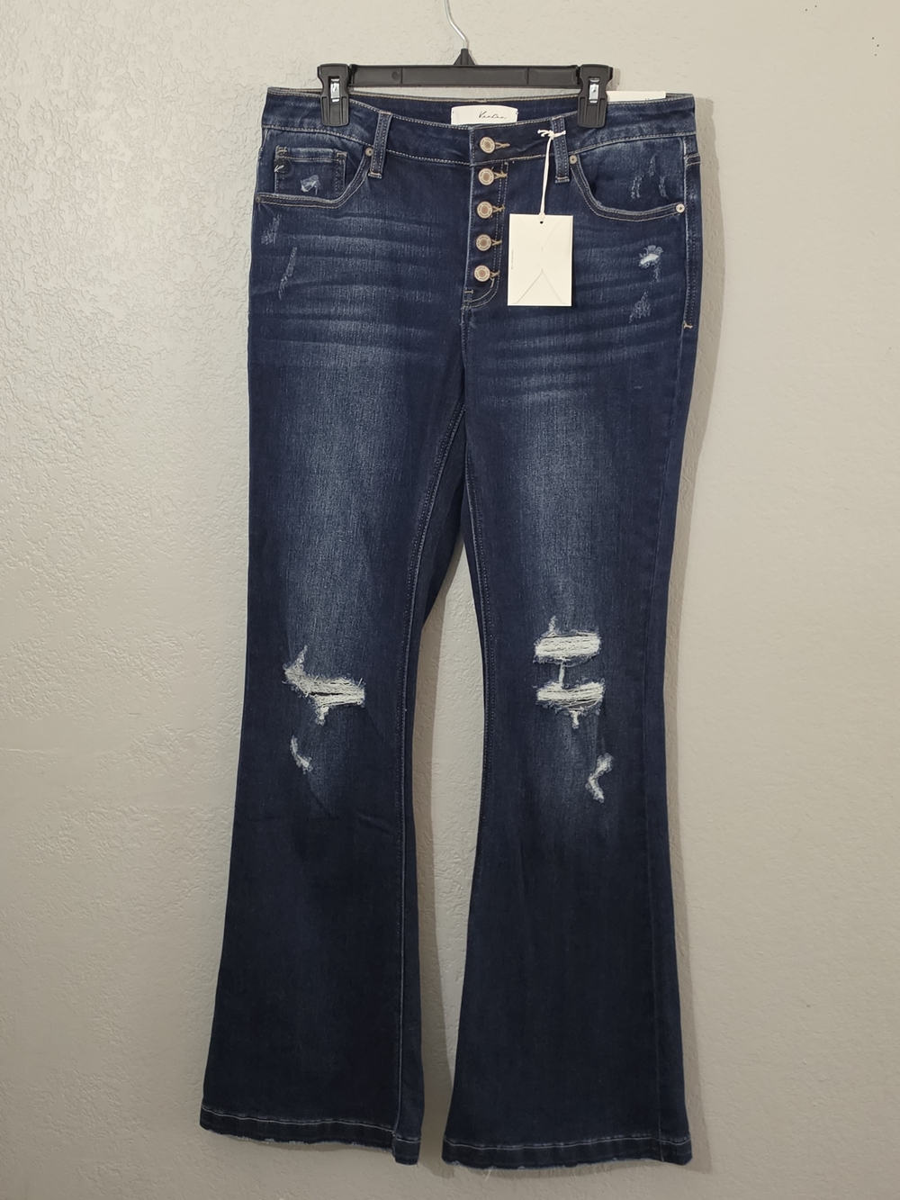 KanCan Kennedy Dark Wash Distressed Flare Jeans Mid Rise Stretchy Womens 13/30 - Picture 4 of 12